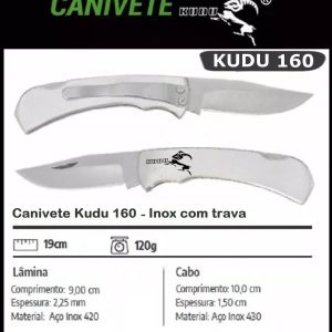 Canivete Kudu 160 de ótima qualidade feitos em Aço Inox 420 e 430 de alto teor de carbono, garantindo assim alta resistência e grande durabilidade.